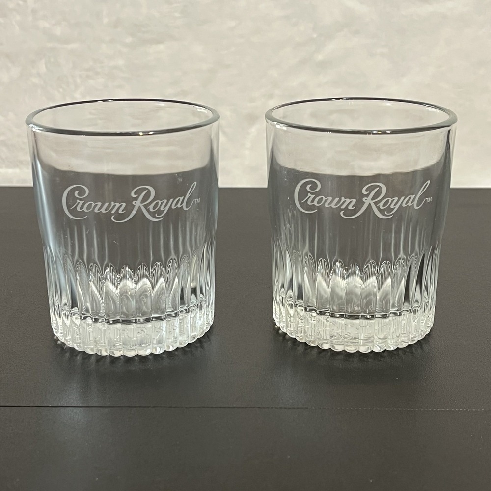 Set of 2 Crown Royal Whiskey Rocks Ribbed Shot Glasses Limited Edition Lowball